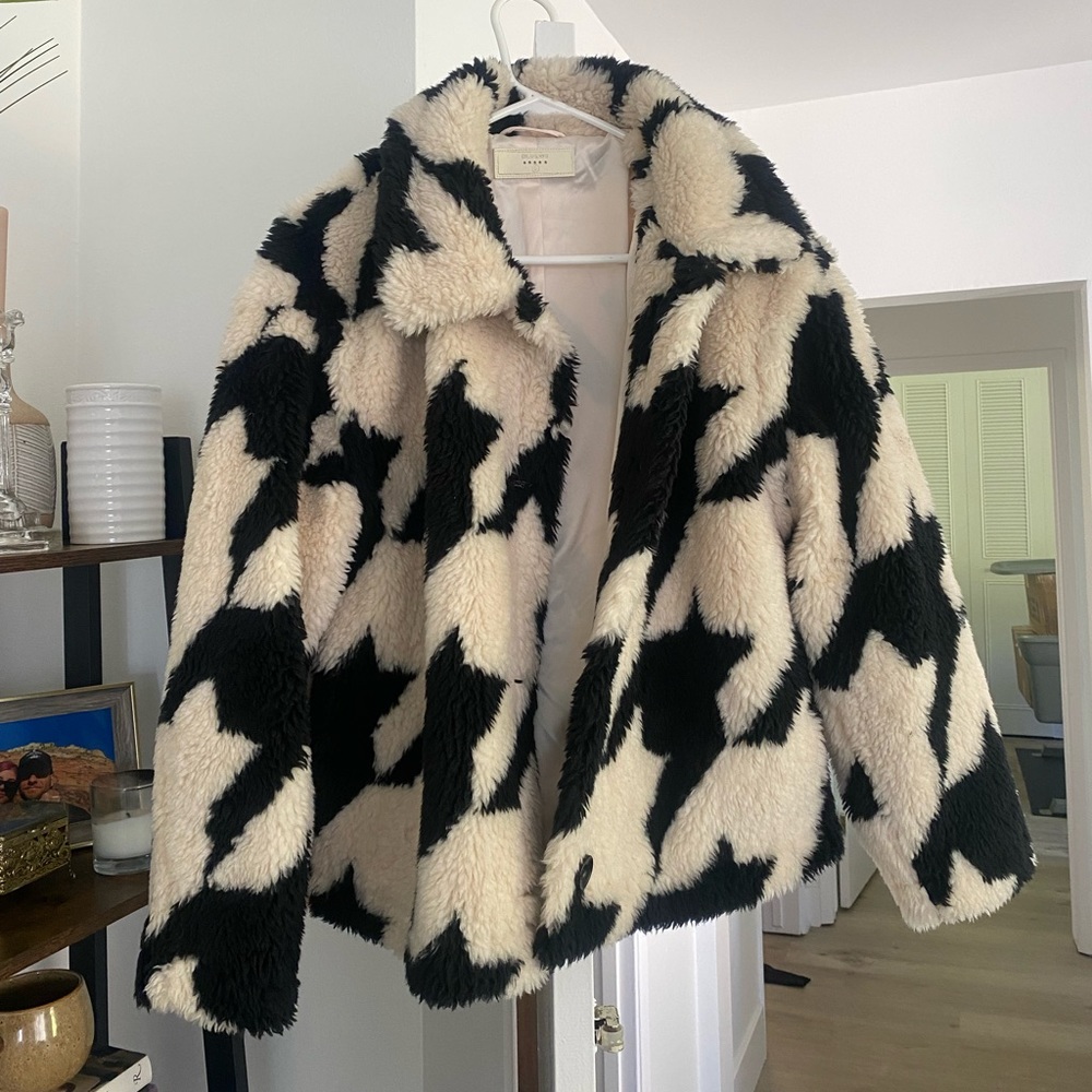 Houndstooth faux fur jacket, black and cream